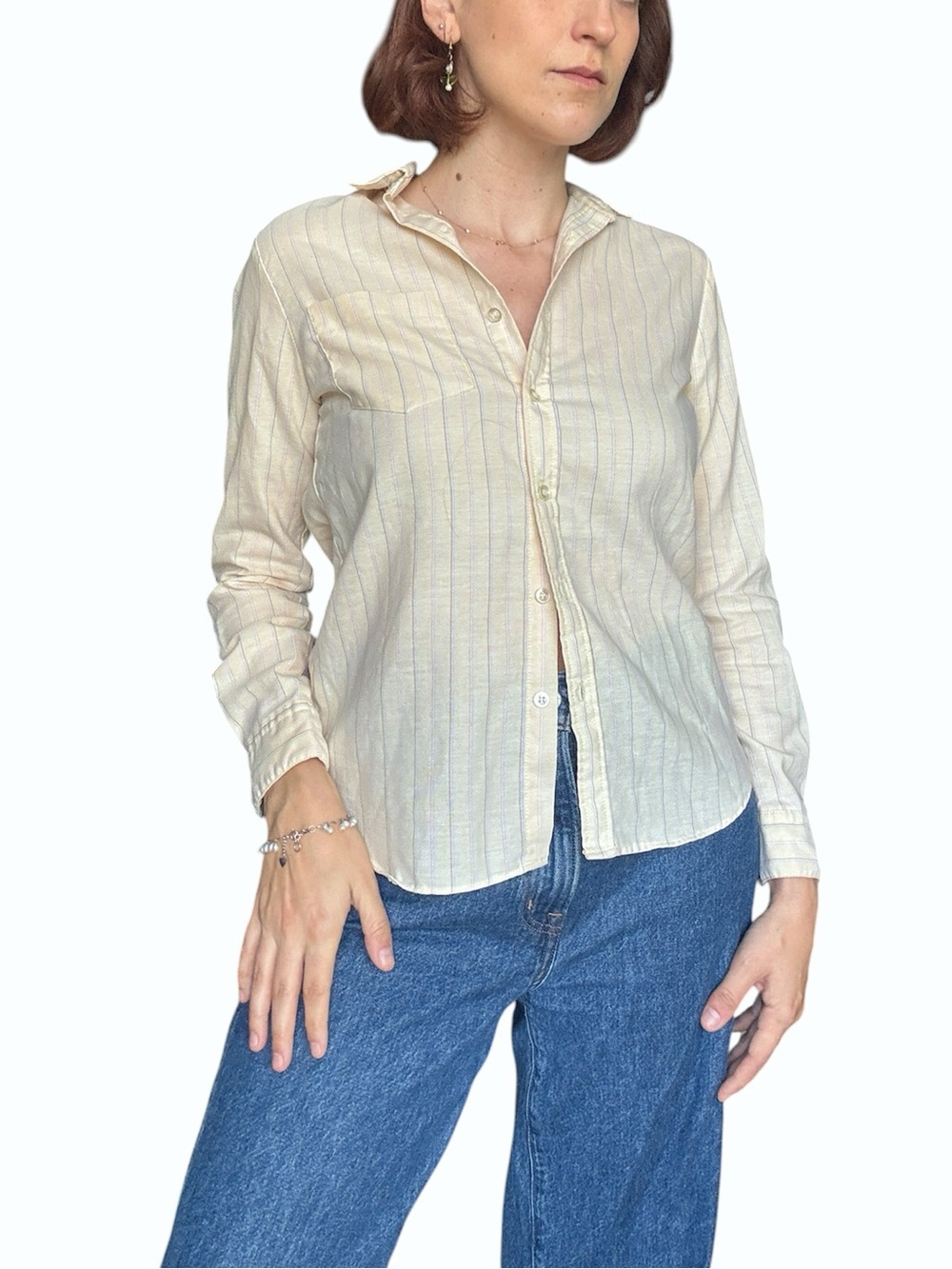 Vintage Hudson’s Bay Pastel Yellow Pinstripe Button Down Shirt | Fits S-XS